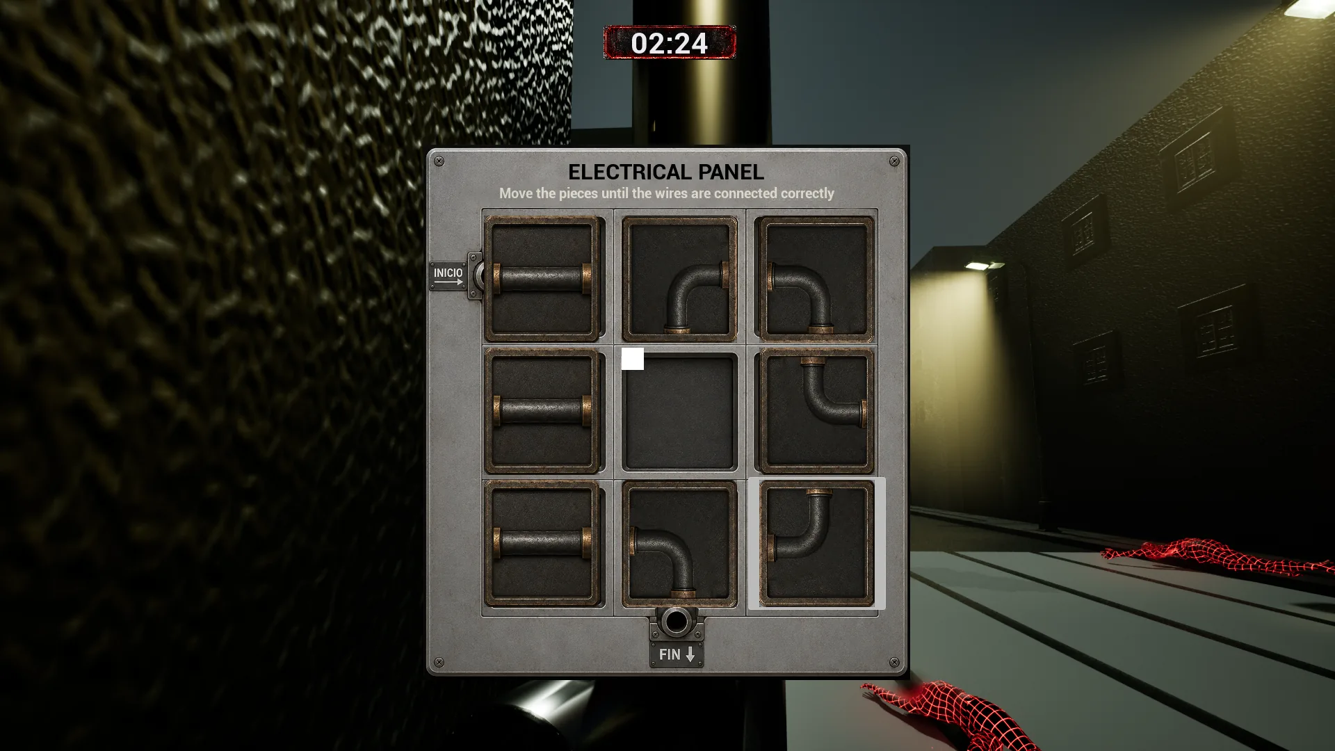 Interactive electrical panel puzzle on a foggy street
