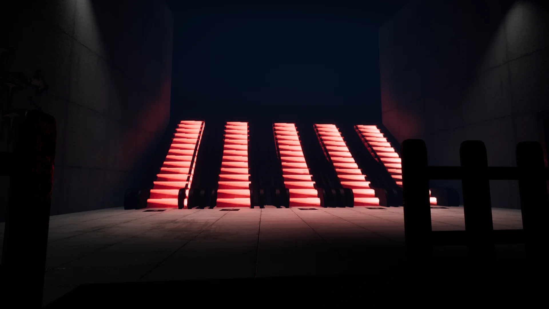 Five red escalators in a dark surreal space