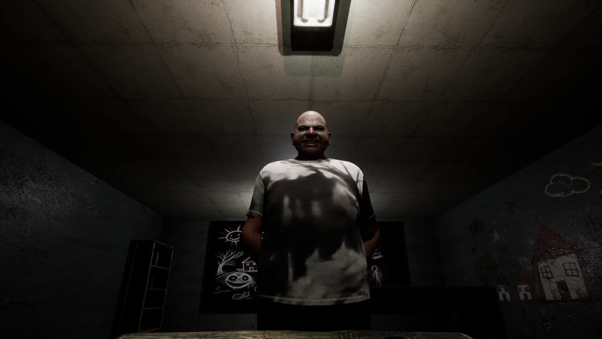 Unsettling teacher in a dark classroom